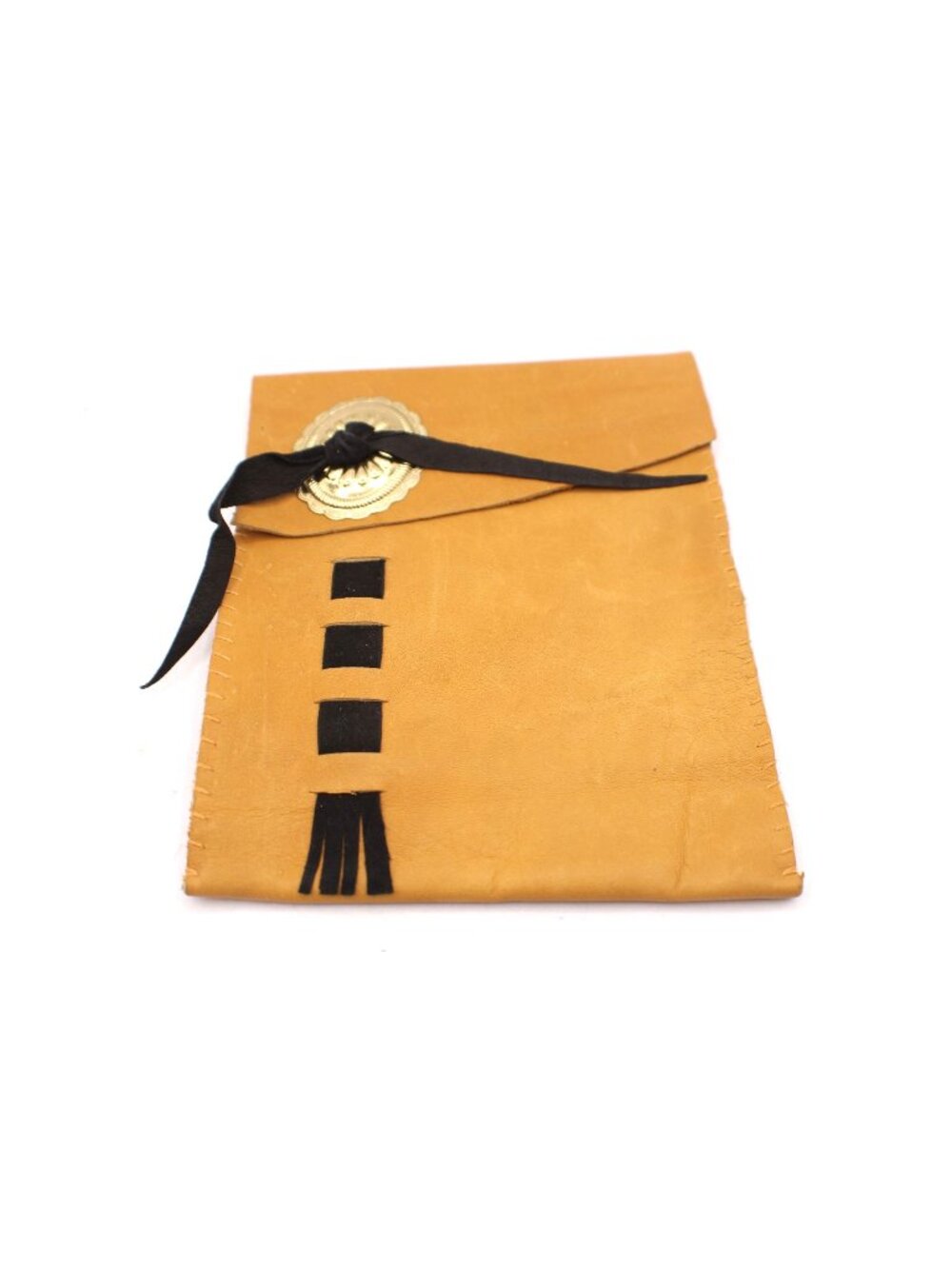 Handmade Tan Leather Pouch Case Jewelry Makeup Black Ribbon Closure Gold Concho